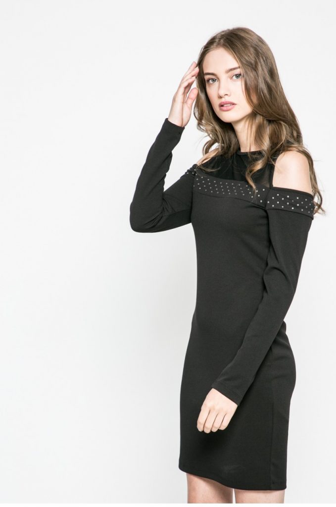 Rochie neagra eleganta de sera Liu Jo din tricot cu insertii decorative la umeri