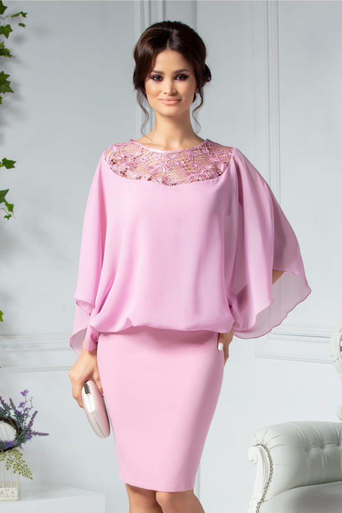 Rochie roz eleganta de ocazie cu design drapat pe bust si cu aspect de capa la spate Ariela